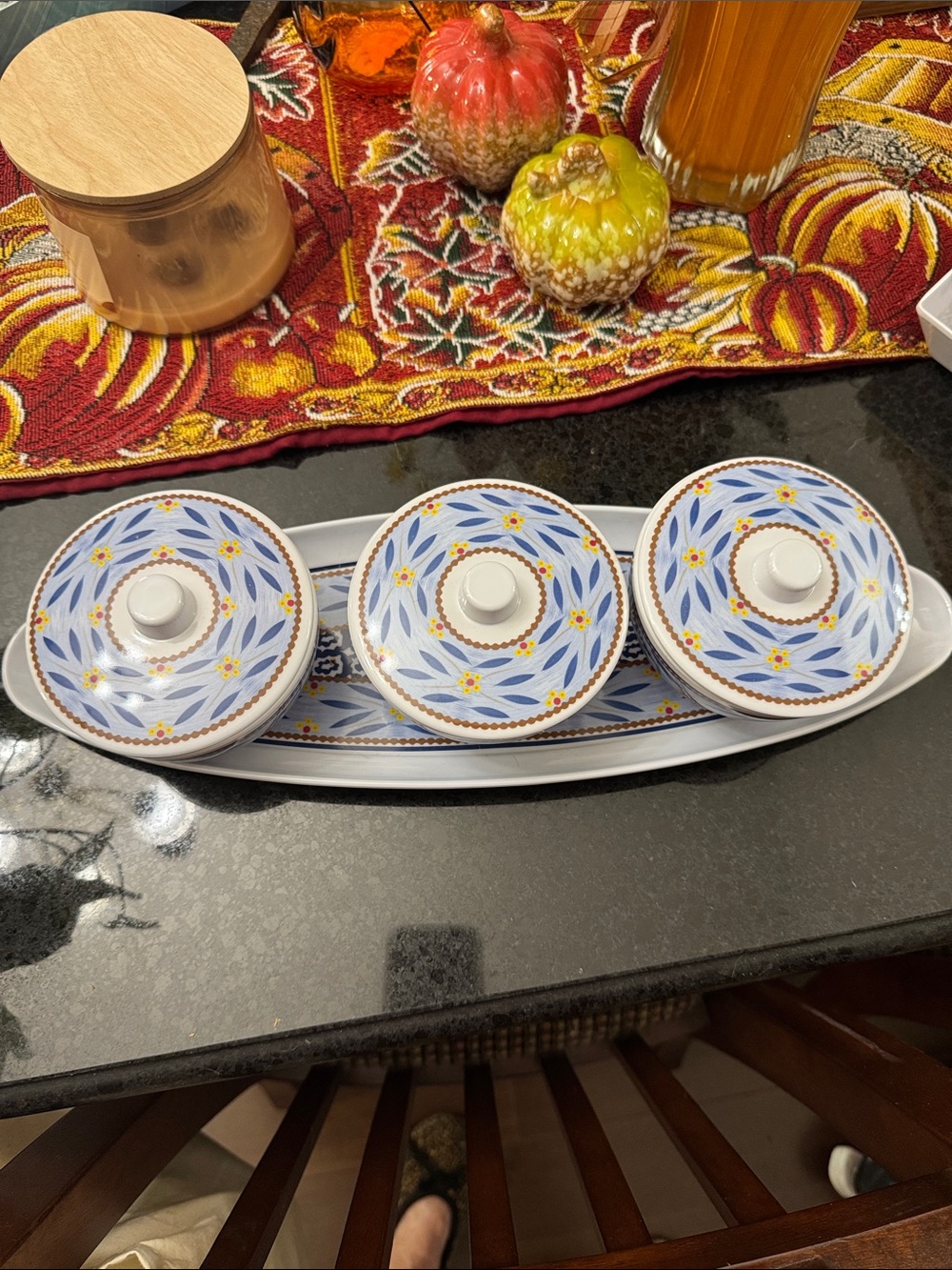 Hand-Painted Blue Floral Ceramic Condiment Set with Tray